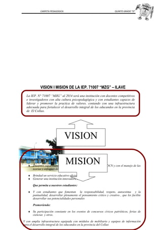 CARPETA PEDAGOGICA QUINTO GRADO “D”
VISION I MISION DE LA IEP. 71007 “MZG” – ILAVE
La IEP. N° 71007 “MZG” al 2014 será una institución con docentes competitivos
e investigadores con alta cultura psicopedagógica y con estudiantes capaces de
liderar y promover la practica de valores. contando con una infraestructura
adecuada para fortalecer el desarrollo integral de los educandos en la provincia
de El Collao.
. Somos una institución inspirada en contar con:
♦ Docentes capacitados en estrategias metodológicas según el DCN y con el manejo de las
teorías y enfoques de las actuales corrientes pedagógicas
♦ Brindad un servicio educativo eficiente.
♦ Generar una institución innovadora constante.
Que permita a nuestros estudiantes:
♦ Y con estudiantes que fomentan la responsabilidad, respeto, autoestima y la
puntualidad, desarrollar plenamente el pensamiento critico y creativo , que les facilite
desarrollar sus potencialidades personales
Promoviendo:
♦ Su participación constante en los eventos de concursos cívicos patrióticos, ferias de
ciencias y otros.
Y con amplia infraestructura equipada con módulos de mobiliario y equipos de información
para el desarrollo integral de los educandos en la provincia del Collao
VISION
MISION
 