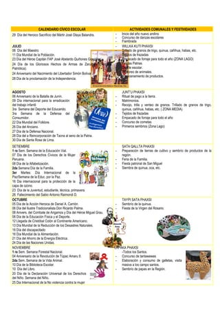 CALENDARIO CÍVICO ESCOLAR ACTIVIDADES COMUNALES Y FESTIVIDADES
29 Día del Heroico Sacrificio del Mártir José Olaya Balandra. - Inicio del año nuevo andino
- Concurso de danzas escolares
- Fiambrada
JULIO
06 Día del Maestro
11 Día Mundial de la Población.
23 Día del Héroe Capitán FAP José Abelardo Quiñones Gonzáles.
24 Día de los Gloriosos Hechos de Armas de Zarumilla (Semana
Patriótica).
24 Aniversario del Nacimiento del Libertador Simón Bolívar.
28 Día de la proclamación de la Independencia.
- WILLKA KUTI PHAXSI
- Trillado de granos de trigo, quinua, cañihua, habas, etc.
- Tejidos de frazadas
- Empacado de forraje para todo el año (ZONA LAGO)
- Fiestas Patrias
- Desfile escolar.
- Pastoreo de animales.
- Almacenamiento de productos.
AGOSTO
06 Aniversario de la Batalla de Junín.
09 Día internacional para la erradicación
del trabajo infantil
3ra Semana del Deporte del Educando.
3ra Semana de la Defensa del
Consumidor.
22 Día Mundial del Folklore.
26 Día del Anciano.
27 Día de la Defensa Nacional.
28 Día del a Reincorporación de Tacna al seno de la Patria.
30 Día de Santa Rosa de Lima.
JUNT’U PHAXSI
- Ritual de pago a la tierra.
- Matrimonios.
- Recojo, trilla y venteo de granos. Trillado de granos de trigo,
quinua, cañihua, habas, etc. ( ZONA MEDIA)
- Tejidos de frazadas
- Empacado de forraje para todo el año
- Concurso de cometas
- Primeros sembrios (Zona Lago)
SETIEMBRE
1 ra Sem. Semana de la Educación Vial.
07 Día de los Derechos Cívicos de la Mujer
Peruana.
08 Día de la Alfabetización.
2da Semana Día de la Familia.
3er Martes: Día Internacional de la
Paz/Semana de la Educ. por la Paz.
16 Dia internacional para la protección de la
capa de ozono.
23 Día de la Juventud, estudiante, técnica, primavera
26 Fallecimiento del Sabio Antonio Raimondi D.
SATA QALLTA PHAXSI
- Preparación de tierras de cultivo y sembrío de productos de la
región.
- Feria de la Familia.
- Fiesta patronal de San Miguel
- Siembra de quinua, oca, etc.
OCTUBRE
05 Día de la Acción Heroica de Daniel A. Carrión.
06 Día del Ilustre Tradicionalista Don Ricardo Palma.
08 Anivers. del Combate de Angamos y Día del Héroe Miguel Grau.
08 Día de la Educación Física y el Deporte.
12 Llegada de Cristóbal Colón al Continente Americano.
13 Día Mundial de la Reducción de los Desastres Naturales.
16 Día del discapacitado
16 Día Mundial de la Alimentación.
21 Día del Ahorro de la Energía Eléctrica.
24 Día de las Naciones Unidas.
TAYPI SATA PHAXSI
- Sembrío de la quinua.
- Fiesta de la Virgen del Rosario.
-
NOVIEMBRE
1 ra Sem. Semana Forestal Nacional.
04 Aniversario de la Revolución de Túpac Amaru II.
2da Sem. Semana de la Vida Animal.
10 Día de la Biblioteca Escolar.
10 Día del Libro.
20 Día de la Declaración Universal de los Derechos
del Niño. Semana del Niño.
25 Dia Internacional de la No violencia contra la mujer
LAPAKA PHAXSI
-Todos los Santos.
- Concurso de tantawawas
- Elaboración y consumo de galletas, visita
masiva a los campo santos.
- Sembrío de papas en la Región.
 