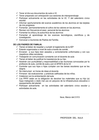  Tener al día sus documentos de aula e I.E.
 Tener preparado con anticipación sus sesiones de interaprendizaje
 Participar activamente en las actividades de la I.E. Y del calendario cívico
escolar.
 Informar oportunamente del avance académico de los alumnos en las tarjetas
de mis progresos
 Fomentar permanentemente el cultivo de los valores en los alumnos.
 Revisar con frecuencia el aseo personal de los alumnos
 Fomentar la crítica y la autocrítica de los alumnos
 Fomentar el aprendizaje de los avances tecnológicos, científicos y de
investigación.
 Convocar a reuniones de Padres de Familia.
DE LOS PADRES DE FAMILIA:
 Tienen el deber de respetar y cumplir el reglamento de la IEP
 Estarán organizados a nivel de aula a través de comité.
 Enviaran a sus hijos bien aseados y correctamente uniformados y con sus
respetivos útiles escolares.
 Trabajarán en comunicación constante con el docente de aula
 Tienen el deber de justificar la inasistencia de su hijo.
 Asistirán con puntualidad y responsabilidad a las reuniones convocadas por la
profesora de aula, comité de aula y por el APAFA de la I.E
 Controlar que sus hijos o hijas cumplan con las tareas escolares que se les
asigna.
 No interrumpir en horas de clase al docente
 Firmaran las evaluaciones y prácticas calificadas de los niños.
 Colaborar con la ambientación del aula
 Los PPFF están en la obligación de devolver los materiales que su hijo (a)
haya malogrado o dado mal uso en perjuicio de la infraestructura educativa o
equipamiento del plantel.
 Participar activamente en las actividades del calendario cívico escolar y
actividades de aula.
Ilave, Marzo del 2 013
……………………..……………… …………………………………….
PROFESOR DEL AULA
 
