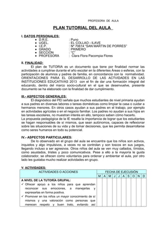 PROFESORA DE AULA
PLAN TUTORIAL DEL AULA
I. DATOS PERSONALES:
• D.R.E. : Puno
• UGEL. : EL COLLAO - ILAVE
• I.E.P. : Nº 70614 “SAN MARTIN DE PORRES”
• GRADO : PRIMERO
• SECCIÓN : “C”
• PROFESORA : Clara Flora Pacompia Flores
II. FINALIDAD:
El plan de TUTORIA es un documento que tiene por finalidad normar las
actividades a cumplirse durante el año escolar en la diferentes Áreas o esferas, con la
participación de alumnos y padres de familia, en concordancia con la normatividad.
ORIENTACIONES PARA EL DESARROLLO DE LAS ACTVIDADES EN LAS
INSTITUCIONES EDUCATIVAS 2013 con el fin de dar una formación integral del
educando, dentro del marco socio-cultural en el que se desenvuelve, presente
documento se ha elaborado con la finalidad de dar cumplimiento.
III.- ASPECTOS GENERALES:
El diagnóstico del PEI señala que muchos estudiantes de nivel primaria ayudan
a sus padres en diversas labores o tareas domésticas como limpiar la casa o cuidar a
hermanos menores. En otros casos ayudan a sus padres en el trabajo, por ejemplo
en actividades agrícolas o en el negocio familiar. Los padres no ayudan a sus hijos en
las tareas escolares, no muestran interés en ello, tampoco saben cómo hacerlo.
La propuesta pedagógica de la IE resalta la importancia de lograr que los estudiantes
se hagan responsables de sí mismos, que sean autónomos, capaces de reflexionar
sobre las situaciones de su vida y de tomar decisiones, que les permita desarrollarse
como seres humanos en todo su potencial.
IV.- ASPECTOS PARTICULARES:
De lo observado en el grupo del aula se encuentra que los niños son activos,
inquietos y algo impulsivos, a veces no se controlan y son toscos en sus juegos,
llegando incluso a ser agresivos. Otros niños del aula se ven muy callados, tímidos,
como asustados, tristes y poco comunicativos. Pese a ello a la mayoría le gusta
colaborador, se ofrecen como voluntarios para ordenar y ambientar el aula, por otro
lado les gustaba mucho realizar actividades en grupo.
V. ACTIVIDADES:
ACTIVIDADES O ACCIONES FECHA DE EJECUSIÓN
M A M J J A S O N D
A NIVEL DE LA TUTORÍA GRUPAL:
 Ofrecer apoyo a los niños para que aprendan
reconocer sus emociones, a manejarlas y
expresarlas en forma positiva.
 Promover en los niños un mayor conocimiento de sí
mismos y una valoración como personas que
merecen respeto y buen trato, evitando así
 