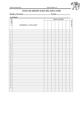 CARPETA PEDAGOGICA QUINTO GRADO “D”
FICHA DE OBSERVACION DEL EDUCANDO
Grado y Sección:......................................................... Fecha:.............................
Actividad:..............................................................................................................
NºORDEN
NOMBRES Y APELLIDOS
INDICADORES
VALORACION
1
2
3
4
5
6
7
8
9
10
11
12
13
14
15
16
17
18
19
20
21
22
23
24
25
26
27
28
29
30
31
32
33
34
35
36
37
38
 