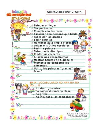 NORMAS DE CONVIVENCIA
 Saludar al llegar
 Ser puntuales
 Cumplir con las tares
 Escuchar a la persona que habla
 saber dar las gracias
 pedir permiso
 Mantener aula limpia y ordenada
 cuidar mis útiles escolares
 Pedir la palabra
 Saber pedir disculpas
 Cuidar las carpetas
 Al salir nos despediremos
 Mostrar hábitos de higiene al
momento de compartir los
alimentos.
 Utilizo las palabras “gracias” y “por
favor”
EN MI VOCABULARIO NO HAY NO NO
NO…..!!
 No decir groserías
 no comer durante la clase
 no gritar
 no insultar a los compañeros
 