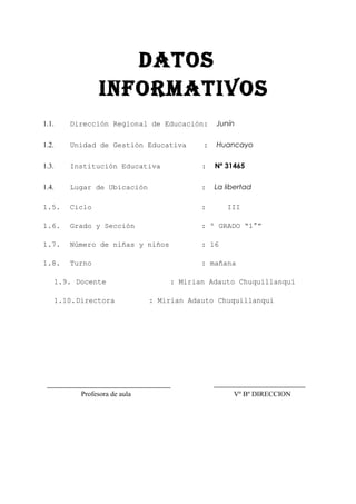 DATOS
INFORMATIVOS
1.1. Dirección Regional de Educación: Junín
1.2. Unidad de Gestión Educativa : Huancayo
1.3. Institución Educativa : Nº 31465
1.4. Lugar de Ubicación : La libertad
1.5. Ciclo : III
1.6. Grado y Sección : º GRADO “1°”
1.7. Número de niñas y niños : 16
1.8. Turno : mañana
1.9. Docente : Mirian Adauto Chuquillanqui
1.10.Directora : Mirian Adauto Chuquillanqui
Vº Bº DIRECCIONProfesora de aula
 