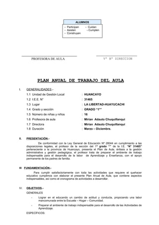 PLAN ANUAL DE TRABAJO DEL AULA
I. GENERALIDADES.-
1.1 Unidad de Gestión Local : HUANCAYO
1.2 I.E.E. N° : 31465
1.3 Lugar : LA LIBERTAD-HUAYUCACHI
1.4 Grado y sección : GRADO “1°”
1.5 Número de niñas y niños : 16
1.6 Profesora de aula : Mirian Adauto Chuquillanqui
1.7 Directora : Mirian Adauto Chuquillanqui
1.8 Duración : Marzo – Diciembre.
II. PRESENTACIÓN.-
De conformidad con la Ley General de Educación Nº 28044 en cumplimiento a las
disposiciones legales, el profesor de la sección del 1º grado “” de la I.E. “N° 31465”
perteneciente a la provincia de Huancayo, presenta el Plan de Aula, énfasis a la gestión
administrativa y gestión pedagógica, el profesor trata de preparar el ambiente de trabajo
indispensable para el desarrollo de la labor de Aprendizaje y Enseñanza, con el apoyo
permanente de los padres de familia.
III FUNDAMENTACIÓN.-
Para cumplir satisfactoriamente con toda las actividades que requiere el quehacer
educativo cumplimos con elaborar el presente Plan Anual de Aula, que contiene aspectos
indispensables, así como el cronograma de actividades a desarrollar.
IV. OBJETIVOS.-
GENERALES
- Lograr en el educando un cambio de actitud y conducta, propiciando una labor
mancomunada entre la Escuela – Hogar – Comunidad.
- Preparar el ambiente de trabajo indispensable para el desarrollo de las Actividades de
Aprendizaje.
ESPECÍFICOS:
ALUMNOS
- Participan - Cuidan
- Asisten - Cumplen
- Construyen
Vº Bº DIRECCIONPROFESORA DE AULA
 