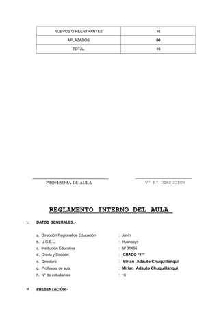 NUEVOS O REENTRANTES 16
APLAZADOS 00
TOTAL 16
REGLAMENTO INTERNO DEL AULA
I. DATOS GENERALES.-
a. Dirección Regional de Educación : Junín
b. U.G.E.L. : Huancayo
c. Institución Educativa : Nº 31465
d. Grado y Sección : GRADO “1°”
e. Directora : Mirian Adauto Chuquillanqui
g. Profesora de aula : Mirian Adauto Chuquillanqui
h. N° de estudiantes : 16
II. PRESENTACIÓN.-
Vº Bº DIRECCIONPROFESORA DE AULA
 