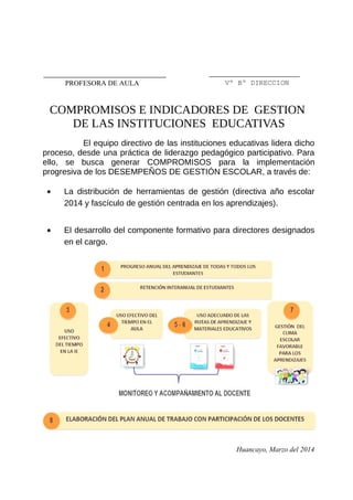 COMPROMISOS E INDICADORES DE GESTIÓN
DE LAS INSTITUCIONES EDUCATIVAS
El equipo directivo de las instituciones educativas lidera dicho
proceso, desde una práctica de liderazgo pedagógico participativo. Para
ello, se busca generar COMPROMISOS para la implementación
progresiva de los DESEMPEÑOS DE GESTIÓN ESCOLAR, a través de:
• La distribución de herramientas de gestión (directiva año escolar
2014 y fascículo de gestión centrada en los aprendizajes).
• El desarrollo del componente formativo para directores designados
en el cargo.
Huancayo, Marzo del 2014
Vº Bº DIRECCIONPROFESORA DE AULA
 