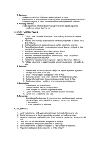 E. Sanciones:
1. Amonestación verbal por indisciplina o por incumplimiento de tareas.
2. Por reincidencia en el incumplimiento de los dispositivos del presente reglamento se solicitará
la presencia del padre de familia para tomar medidas correctivas en forma coordinada.
F. Premios y estímulos:
1. Todos los alumnos disfrutarán de estímulos y premios en los aspectos siguientes:
académico, artístico, deportivo, etc.
IV. DE LOS PADRES DE FAMILIA:
A. Deberes :
1. Cumplir y hacer cumplir los acuerdos del Comité de Aula y las normas del presente
reglamento..
2. Apoyar la labor docente y colaborar con las actividades programadas en bien del aula y
de la Institución.
3. Justificar oportunamente las inasistencias de sus hijos así como las tardanzas.
4. Asistir obligatoriamente a las reuniones que convoque el docente o el Comité de Aula;
respetando la hora asignada.
5. Contribuir al mejoramiento del mobiliario y enseres del aula.
6. Enviar puntualmente ordenados y aseados a sus hijos.
7. Firmar los “Informes de mis Progresos” devolviéndolos a tiempo a su profesora.
8. Dotar de útiles escolares a sus hijos
9. No interrumpir las clases, salvo emergencias y esperar el día y horario establecido.
10. Participar activamente en las actividades del calendario cívico escolar y actividades de
aula.
B. Derechos :
1. Intervenir en el proceso educativo de sus hijos con objeción al presente reglamento.
2. Velar por la educación de sus hijos.
3. Elegir y ser elegidos para los cargos del Comité de Aula.
4. Solicitar con cortesía y en el horario establecido información sobre sus hijos.
5. Solicitar información sobre el movimiento económico del Comité de Aula.
6. Realizar sus reclamos y pedidos en forma respetuosa al docente de aula.
C. Prohibiciones :
1. Presentarse al aula en estado etílico.
2. Ingresar al aula sin autorización de la profesora.
3. Faltar el respeto a la profesora y/o padres de familia.
4. Agredir verbalmente a otros padres durante las reuniones convocadas.
5. Agredir física o verbalmente a sus hijos.
D. Sanciones :
Los padres de familia en caso de incumplimiento de sus obligaciones y/o acuerdos
incurren en faltas, por lo cual se harán acreedores a la sanciones siguientes :
1. Amonestación.
2. Multas establecidas en asamblea.
V.- DEL DOCENTE:
1. Asistir puntualmente a la I.E. y aprovechar con mayor efectividad el tiempo en el aula.
2. Diseñar e implementar el plan de mejora de los aprendizaje con los 8 compromisos
3. Organizar los alumnos para la elaboración de las normas de convivencia y ambientación del
aula.
4. Tener al día los documentos técnico pedagógicos de aula e I.E.
5. Tener preparado con anticipación sus sesiones de aprendizaje
6. Participar activamente en las actividades de la I.E. Y del calendario cívico escolar.
7. Organizar la participación de los estudiantes en el “Día del logro”
 