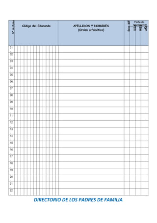 DIRECTORIO DE LOS PADRES DE FAMILIA
NºdeOrden
Código del Educando APELLIDOS Y NOMBRES
(Orden alfabético)
SexoM/F
Fecha de
Nacimiento
DIA
MES
AÑO
01
.
02
.
03
.
04
.
05
.
06
.
07
.
08
.
09
.
10
.
11
.
12
.
13
.
14
.
15
.
16
.
17
.
18
.
19
.
20
.
21
.
22
.
 