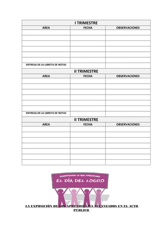 I TRIMESTRE
AREA FECHA OBSERVACIONES
ENTREGA DE LA LIBRETA DE NOTAS
II TRIMESTRE
AREA FECHA OBSERVACIONES
ENTREGA DE LA LIBRETA DE NOTAS
II TRIMESTRE
AREA FECHA OBSERVACIONES
LA EXPOSICIÓN DE LOS APRENDIZAJES ALCANZADOS EN EL ACTO
PÚBLICO
 