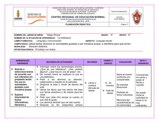 SUBSECRETARÍA DE EDUCACIÓN MEDIA SUPERIOR Y SUPERIOR
DIRECCIÓN GENERAL DE OPERACIÓN DE SERVICIOS
DE EDUCACIÓN MEDIA SUPERIOR Y SUPERIOR
SUBDIRECCIÓN DE FORMACIÓN DOCENTE
CENTRO REGIONAL DE EDUCACIÓN NORMAL
LICENCIATURA EN EDUCACIÓN PREESCOLAR
CICLO ESCOLAR 2015 - 2016
Fecha de Elaboración:
JUEVES
10 DE MARZO
PLANEACIÓN DIDÁCTICA Página 17
NOMBRE DEL JARDIN DE NIÑOS: “Diego Rivera” GRADO: 3º GRUPO: “A”
NOMBRE DE LA SITUACIÒN DE APRENDIZAJE: “La biblioteca”
CAMPO FORMATIVO: Lenguaje y comunicación ASPECTO: Lenguaje escrito
COMPETENCIA: Utiliza textos diversos en actividades guiadas o por iniciativa propia, e identifica para qué sirven.
MODALIDAD: Situación didáctica
ESTRATEGIA BÀSICA: El trabajo con textos
APRENDIZAJES
ESPERADOS
SECUENCIA DE ACTIVIDADES RECURSOS
TIEMPO Y
ESPACIO
EVALUACIÓN
RETO Y
VARIANTES
 Solicita o
selecciona textos
de acuerdo con
sus intereses y/o
propósito lector,
los usa en
actividades
guiadas y por
iniciativa propia.
 Explora
diversidad de
textos
informativos,
literarios y
 Interrogar sobre sus aprendizajes previos,
¿Qué es una biblioteca?, ¿Han visitado
alguna?, ¿Qué hay en una de estas?, etc.
 De manera breve se explicara lo que es
una biblioteca.
 Pedir a los alumnos su atención,
colaboración y respeto en la actividad.
 Dirigirnos al área o rincón de lectura del
aula.
 Ubicar los libros que hay dentro del área
con temas atractivos y de interés para los
niños.
 Pedir que cada niño escoja un cuento, el
que más le guste.
 Los alumnos tendrán que ver ese cuento.
 Después se les preguntara porque
 Libros o
cuentos
del aula de
clases
 20
minutos
 Aula de
clases
Narra el cuento
conforme a lo
comprendido.
Se expresa
libremente
Participa de
forma voluntaria.
Menciona las
características de
los personajes
Comprender
el cuento y
pasar al
frente a
narrarlo.
Se puede
hacer la
actividad en
binas si no
hay
suficientes
 