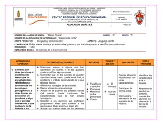 SUBSECRETARÍA DE EDUCACIÓN MEDIA SUPERIOR Y SUPERIOR
DIRECCIÓN GENERAL DE OPERACIÓN DE SERVICIOS
DE EDUCACIÓN MEDIA SUPERIOR Y SUPERIOR
SUBDIRECCIÓN DE FORMACIÓN DOCENTE
CENTRO REGIONAL DE EDUCACIÓN NORMAL
LICENCIATURA EN EDUCACIÓN PREESCOLAR
CICLO ESCOLAR 2015 - 2016
Fecha de Elaboración:
VIERNES
11 DE MARZO
PLANEACIÓN DIDÁCTICA Página 21
NOMBRE DEL JARDIN DE NIÑOS: “Diego Rivera” GRADO: 3º GRUPO: “A”
NOMBRE DE LA SITUACIÒN DE APRENDIZAJE: “Caperucita verde”
CAMPO FORMATIVO: Lenguaje y comunicación ASPECTO: Lenguaje escrito
COMPETENCIA: Utiliza textos diversos en actividades guiadas o por iniciativa propia, e identifica para qué sirven
MODALIDAD: Taller
ESTRATEGIA BÀSICA: El ejercicio de la expresión oral
APRENDIZAJES
ESPERADOS
SECUENCIA DE ACTIVIDADES RECURSOS
TIEMPO Y
ESPACIO
EVALUACIÓN
RETO Y
VARIANTES
Comenta con
otras personas el
contenido de
textos que ha
escuchado leer,
refiriéndose a
actitudes de los
personajes,
protagonistas, a
otras formas de
solucionar un
problema, a algo
que le parezca
interesante, o que
cambiaría de la
historia o a la
Interrogar acerca si alguna vez han
cambiado un cuento, o si les gustaría
poder modificar algunas cosas.
Comentar que en los cuentos se pueden
cambiar ciertas cosas, puede ser el final, el
problema o el título, dependiendo de lo que
el autor decida.
Mencionar las reglas de la actividad.
Narrar el cuento caperucita roja.
Anotar en el pizarrón las palabras claves
del cuento, donde involucren las
características que se han estado
trabajando.
Solicitar a los alumnos que participen
proponiendo ideas para cambiar a los
personajes, titulo, acciones, lugar, etc.
Anotar las nuevas ideas de los alumnos,
Papel bond
o cartulina
Plumones
Mascaras
de los
personajes
Cuento
30
minutos
Aula de
clases
Recrea el cuento
modificando con
otras
características.
Participan de
forma activa.
Memoriza la
secuencia de los
sucesos de la
historia.
Identificar las
característica
s de la
historia
Al termino de
escribir las
palabras
nuevas, los
alumnos las
plasmaran a
través de
dibujos.
 