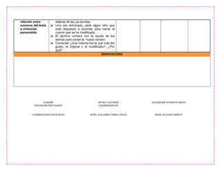ELABORÓ
EDUCADORA PRACTICANTE
C.ISAMAR ALEXIA RUEDA REYES
REVISO Y AUTORIZÓ
COORDINADOR PIS
MTRO. GUILLERMO TEMELO AVILES
EDUCADORA TUTORA DE GRUPO
MTRA. AZUCENA CARRETO
relación entre
sucesos del texto
y vivencias
personales.
delante de las ya escritas.
Una vez terminado, pedir algún niño que
este dispuesto a recordar para narrar el
cuento que se ha modificado.
El alumno contara con la ayuda de los
demás para contar la nueva versión.
Comentar ¿Qué historia fue la que más les
gusto, el original o el modificado?, ¿Por
qué?
OBSERVACIONES
 