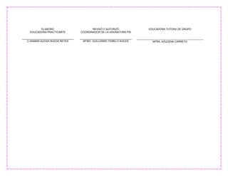 ELABORO
EDUCADORA PRACTICANTE
____________________________________
C.ISAMAR ALEXIA RUEDA REYES
REVISÓ Y AUTORIZÓ
COORDINADOR DE LA ASIGNATURA PIS
____________________________________
MTRO. GUILLERMO TEMELO AVILES
EDUCADORA TUTORA DE GRUPO
____________________________________________________
MTRA. AZUCENA CARRETO
 