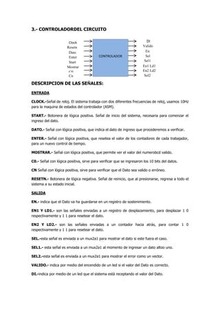 3.- CONTROLADORDEL CIRCUITO
DESCRIPCION DE LAS SEÑALES:
ENTRADA
CLOCK.-Señal de reloj. El sistema trabaja con dos diferentes frecuencias de reloj, usamos 10Hz
para la maquina de estados del controlador (ASM).
START.- Botonera de lógica positiva. Señal de inicio del sistema, necesaria para comenzar el
ingreso del dato.
DATO.- Señal con lógica positiva, que indica el dato de ingreso que procederemos a verificar.
ENTER.- Señal con lógica positiva, que resetea el valor de los contadores de cada trabajador,
para un nuevo control de tiempo.
MOSTRAR.- Señal con lógica positiva, que permite ver el valor del numerobcd valido.
C0.- Señal con lógica positiva, sirve para verificar que se ingresaron los 10 bits del datos.
CN Señal con lógica positiva, sirve para verificar que el Dato sea valido o erróneo.
RESETN.- Botonera de lógica negativa. Señal de reinicio, que al presionarse, regresa a todo el
sistema a su estado inicial.
SALIDA
EN.- indica que el Dato va ha guardarse en un registro de sostenimiento.
EN1 Y LD1.- son las señales enviadas a un registro de desplazamiento, para desplazar 1 0
respectivamente y 1 1 para resetear el dato.
EN2 Y LD2.- son las señales enviadas a un contador hacia atrás, para contar 1 0
respectivamente y 1 1 para resetear el dato.
SEL.-esta señal es enviada a un mux2a1 para mostrar el dato si este fuera el caso.
SEL1.- esta señal es enviada a un mux2a1 al momento de ingresar un dato altoo uno.
SEL2.-esta señal es enviada a un mux2a1 para mostrar el error como un vector.
VALIDO.- indica por medio del encendido de un led si el valor del Dato es correcto.
DI.-indica por medio de un led que el sistema está receptando el valor del Dato.
CONTROLADOR
Clock
Resetn
Dato
Enter
Start
Mostrar
En
Sel
Sel1
Valido
En2 Ld2
En1 Ld1
Sel2
DI
C0
Cn
 