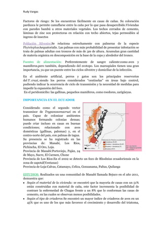 Rudy Vargas


Factores de riesgo: Se los encuentran fácilmente en casas de cañas. Su coloración
parduzca le permite camuflarse entre la caña por lo que pasa desapercibido.Viviendas
con paredes bambú u otros materiales vegetales. Los techos cerrados de cemento,
láminas de zinc son protectoras en relación con techo abiertos, tejas permeables al
ingreso de insectos

Población Silvestre:Se relaciona estrechamente con palmeras de la especie
PhytelephasAequatorialis. Las palmas con más probabilidad de presentar infestación se
trata de palmas adultas con troncos de más de 3m de altura. Acumulan gran cantidad
de materia orgánica en descomposición en la base de la copa y alrededor del tronco.

Fuentes de alimentación: Preferentemente de sangre caliente:como aves y
mamíferos,pero también, dependiendo del ecotopo. Los marsupiales tienen una gran
importancia, ya que un puente entre los ciclos silvestre y domiciliar de la infección.

En el ambiente artificial, perros y gatos son los principales reservorios
del T. cruzi, siendo los perros considerados “centinelas” en áreas bajo control,
pudiendo indicar la ocurrencia de ciclo de transmisión y la necesidad de medidas para
impedir la expansión del foco.
 En el peridomicilio: las gallinas, pequeños mamíferos, como roedores, zarigüeyas.

IMPORTANCIA EN EL ECUADOR

Considerado como el segundo vector
transmisor de Trypanosomacruzi en el
país. Capaz de colonizar ambientes
humanos formando colonias densas;
puede criar incluso en casas en buenas
condiciones;    relacionado    con     aves
domésticas (gallinas, palomas) y, en el
centro-norte del país, con palmas de tagua.
Su presencia se ha registrado en las
provincias de: Manabí, Los Ríos,
Pichincha, El Oro, Loja.
Provincia de Manabí:Portoviejo, Paján, 24
de Mayo, Sucre, El Carmen, Chone
Provincia de Los Ríos:En el 2002 se detecto un foco de Rhodnius ecuadoriensis en la
zona de zapotal(Ventanas)
Provincia de Loja:Calvas, Catamayo, Celica, Gonzanama, Paltas, Quilanga

ESTUDIOS: Realizados un una comunidad de Manabí llamada Bejuco en el año 2011,
demuestra que:
  Según el material de la vivienda: se encontró que la mayoría de casas con un 51%
  están construidas con material de caña, este factor incrementa la posibilidad de
  contraer la enfermedad de Chagas frente a un 8% que lo conforman las casas de
  cemento, en las cuales se observan menos posibilidades.
  Según el tipo de criaderos:Se encontró un mayor índice de criaderos de aves en un
  45% que es uno de los que más favorece el crecimiento y desarrollo del triatoma,
 