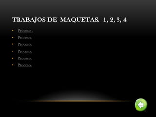 TRABAJOS DE MAQUETAS. 1, 2, 3, 4
•   Proceso .
•   Proceso.
•   Proceso.
•   Proceso.
•   Proceso.
•   Proceso.
 