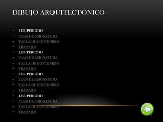 DIBUJO ARQUITECTÓNICO

•   1 ER PERIODO
•   PLAN DE ASIGNATURA
•   TABLA DE CONTENIDO
•   TRABAJOS
•   2.ER PERIODO
•   PLAN DE ASIGNATURA
•   TABLA DE CONTENIDO
•   TRABAJOS
•   3.ER PERIODO
•   PLAN DE ASIGNATURA
•   TABLA DE CONTENIDO
•   TRABAJOS
•   4.ER PERIODO
•   PLAN DE ASIGNATURA
•   TABLA DE CONTENIDO
•   TRABAJOS
 