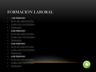FORMACIÓN LABORAL
•   1 ER PERIODO
•   PLAN DE ASIGNATURA
•   TABLA DE CONTENIDO
•   TRABAJOS
•   2.ER PERIODO
•   PLAN DE ASIGNATURA
•   TABLA DE CONTENIDO
•   TRABAJOS
•   3.ER PERIODO
•   PLAN DE ASIGNATURA
•   TABLA DE CONTENIDO
•   TRABAJOS
•   4.ER PERIODO
•   PLAN DE ASIGNATURA
•   TABLA DE CONTENIDO
•   TRABAJOS
 