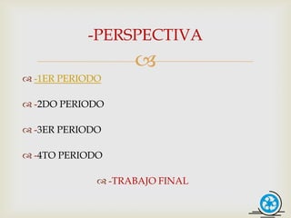 -PERSPECTIVA
                   
 -1ER PERIODO

 -2DO PERIODO

 -3ER PERIODO

 -4TO PERIODO

              -TRABAJO FINAL
 