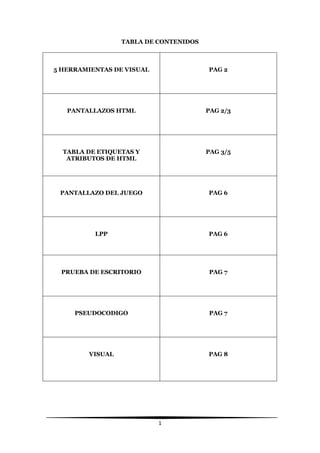 1
TABLA DE CONTENIDOS
5 HERRAMIENTAS DE VISUAL PAG 2
PANTALLAZOS HTML PAG 2/3
TABLA DE ETIQUETAS Y
ATRIBUTOS DE HTML
PAG 3...