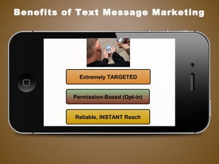 Extremely TARGETED
Permission-Based (Opt-in)
Reliable, INSTANT Reach
Benefits of Text Message Marketing
 