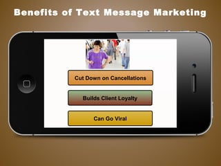 Cut Down on Cancellations
Builds Client Loyalty
Can Go Viral
Benefits of Text Message Marketing
 