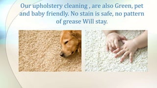 Our upholstery cleaning , are also Green, pet
and baby friendly. No stain is safe, no pattern
of grease Will stay.
 