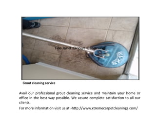 Grout cleaning service
Avail our professional grout cleaning service and maintain your home or
office in the best way possible. We assure complete satisfaction to all our
clients.
For more information visit us at:-http://www.xtremecarpetcleanings.com/
 