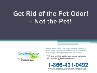 Get Rid of the Pet Odor!  – Not the Pet! ServiceMaster Clean Care, carpet cleaning company in grand rapids, MI, employs a state of the art equipment with a carpet cleaning process that is 2nd to none! “We take no short cuts in restoring and maintaining the cleanliness of your home or business!” 1-866-431-0492 WWW.CARPETCLEANINGGRANDRAPIDS.NET 