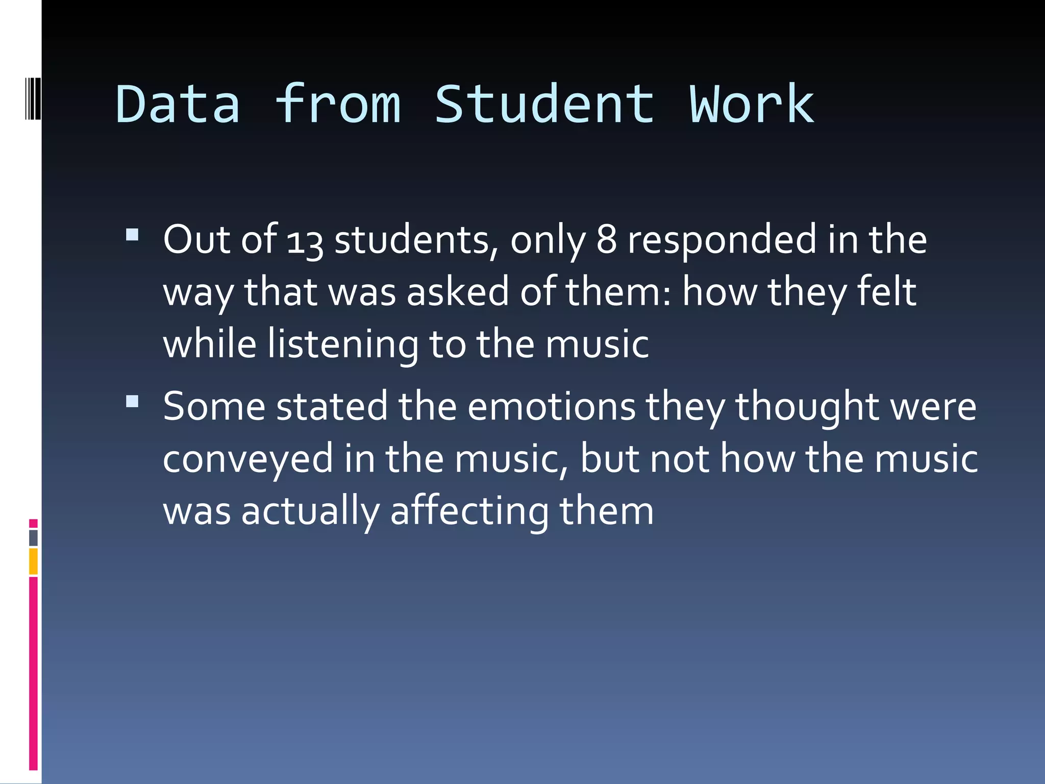 Data from Student Work Out of 13 students, only 8 responded in the way that was asked of them: how they felt while listening to the music Some stated the emotions they thought were conveyed in the music, but not how the music was actually affecting them 