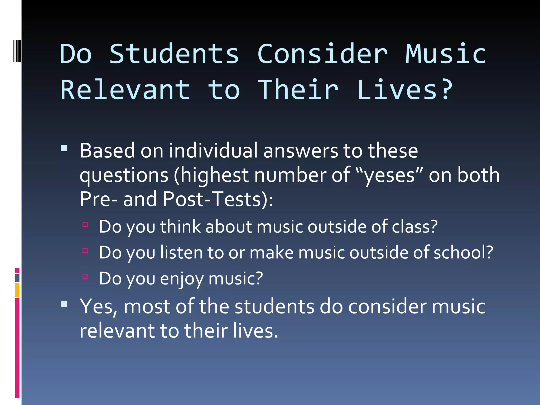 Do Students Consider Music Relevant to Their Lives? Based on individual answers to these questions (highest number of “yeses” on both Pre- and Post-Tests): Do you think about music outside of class? Do you listen to or make music outside of school? Do you enjoy music? Yes, most of the students do consider music relevant to their lives. 