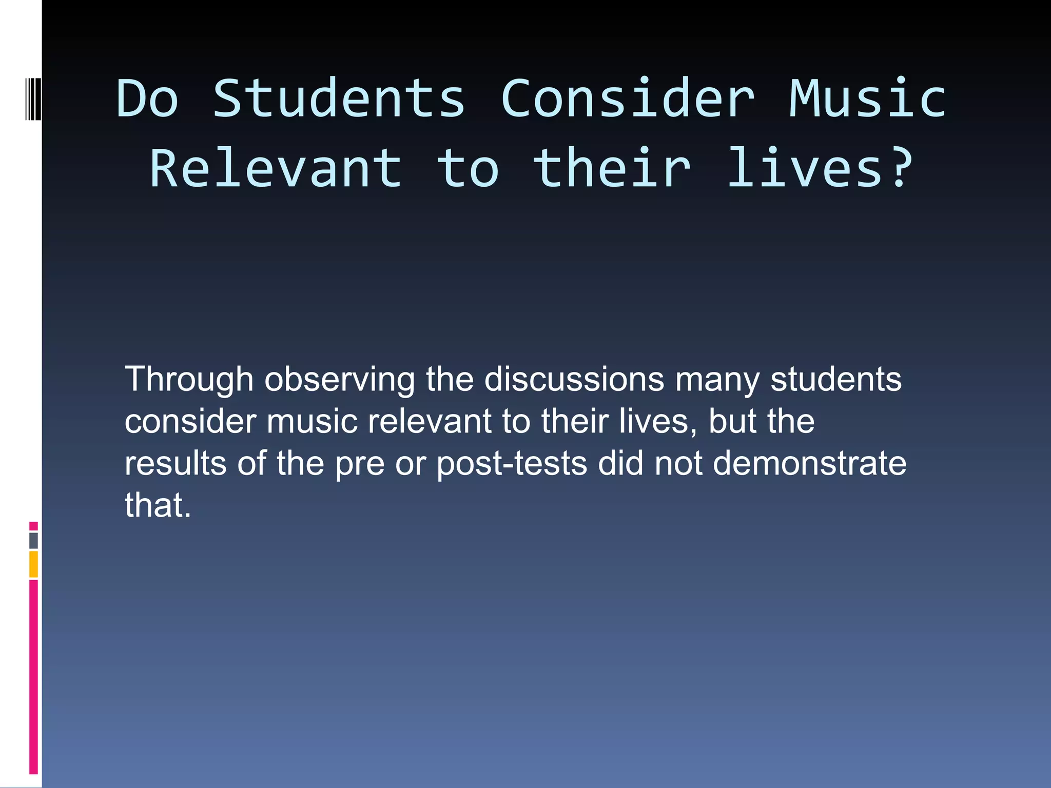 Do Students Consider Music   Relevant to their lives?  Through observing the discussions many students consider music relevant to their lives, but the results of the pre or post-tests did not demonstrate that. 