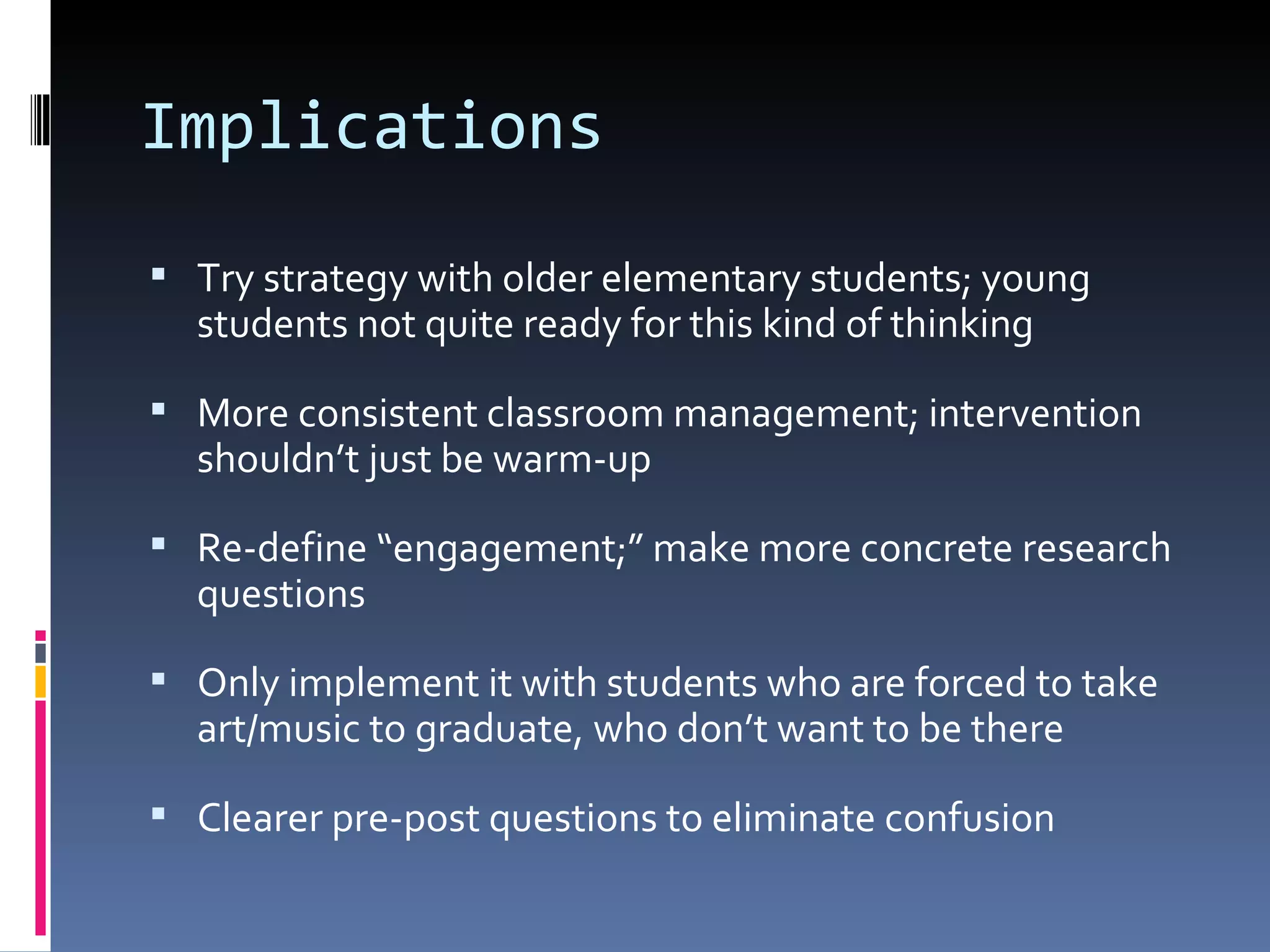 Implications Try strategy with older elementary students; young students not quite ready for this kind of thinking More consistent classroom management; intervention shouldn’t just be warm-up Re-define “engagement;” make more concrete research questions Only implement it with students who are forced to take art/music to graduate, who don’t want to be there Clearer pre-post questions to eliminate confusion 