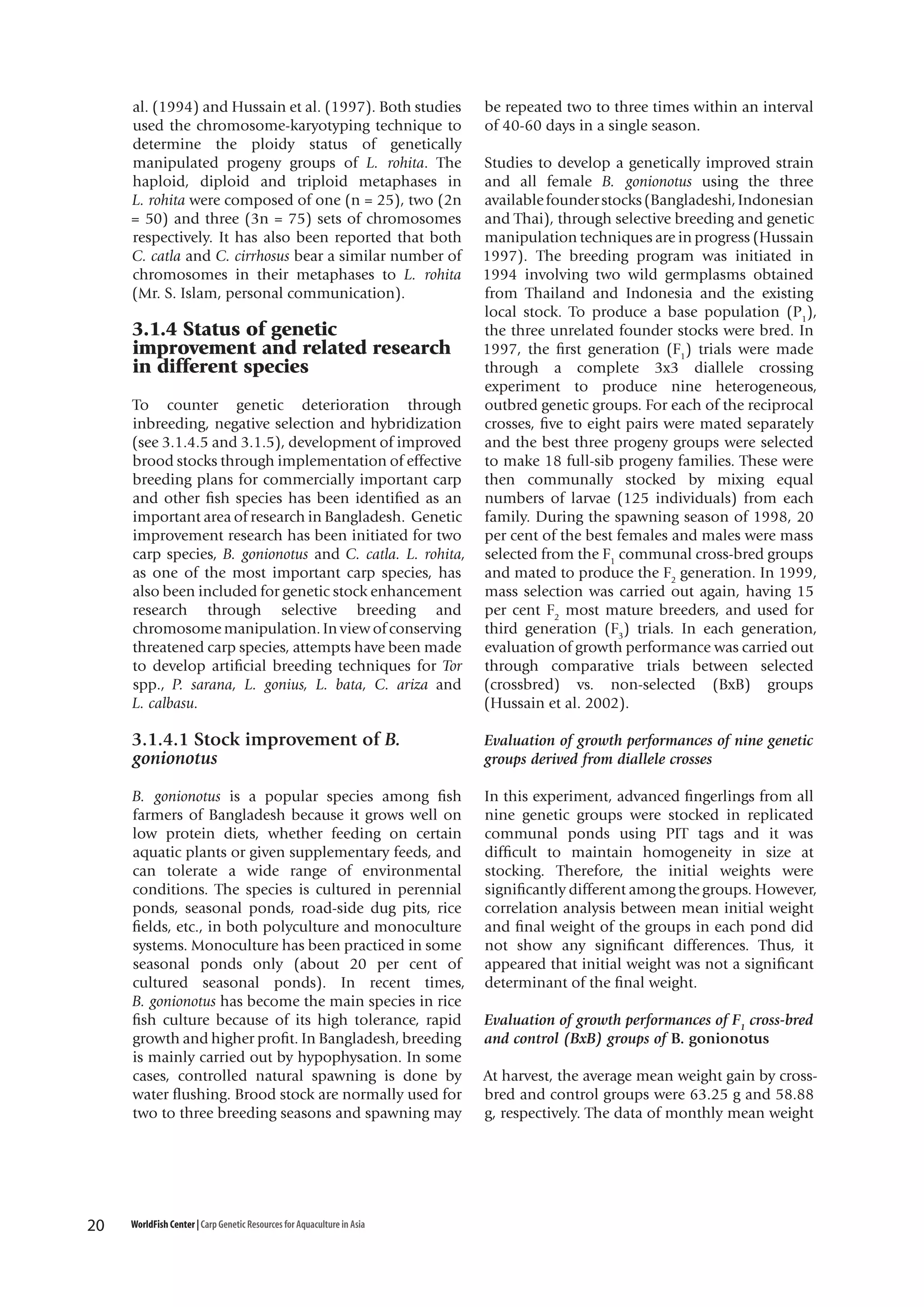 al. (1994) and Hussain et al. (1997). Both studies
used the chromosome-karyotyping technique to
determine the ploidy status of genetically
manipulated progeny groups of L. rohita. The
haploid, diploid and triploid metaphases in
L. rohita were composed of one (n = 25), two (2n
= 50) and three (3n = 75) sets of chromosomes
respectively. It has also been reported that both
C. catla and C. cirrhosus bear a similar number of
chromosomes in their metaphases to L. rohita
(Mr. S. Islam, personal communication).

be repeated two to three times within an interval
of 40-60 days in a single season.

To counter genetic deterioration through
inbreeding, negative selection and hybridization
(see 3.1.4.5 and 3.1.5), development of improved
brood stocks through implementation of effective
breeding plans for commercially important carp
and other fish species has been identified as an
important area of research in Bangladesh. Genetic
improvement research has been initiated for two
carp species, B. gonionotus and C. catla. L. rohita,
as one of the most important carp species, has
also been included for genetic stock enhancement
research through selective breeding and
chromosome manipulation. In view of conserving
threatened carp species, attempts have been made
to develop artificial breeding techniques for Tor
spp., P. sarana, L. gonius, L. bata, C. ariza and
L. calbasu.

Studies to develop a genetically improved strain
and all female B. gonionotus using the three
available founder stocks (Bangladeshi, Indonesian
and Thai), through selective breeding and genetic
manipulation techniques are in progress (Hussain
1997). The breeding program was initiated in
1994 involving two wild germplasms obtained
from Thailand and Indonesia and the existing
local stock. To produce a base population (P1),
the three unrelated founder stocks were bred. In
1997, the first generation (F1) trials were made
through a complete 3x3 diallele crossing
experiment to produce nine heterogeneous,
outbred genetic groups. For each of the reciprocal
crosses, five to eight pairs were mated separately
and the best three progeny groups were selected
to make 18 full-sib progeny families. These were
then communally stocked by mixing equal
numbers of larvae (125 individuals) from each
family. During the spawning season of 1998, 20
per cent of the best females and males were mass
selected from the F1 communal cross-bred groups
and mated to produce the F2 generation. In 1999,
mass selection was carried out again, having 15
per cent F2 most mature breeders, and used for
third generation (F3) trials. In each generation,
evaluation of growth performance was carried out
through comparative trials between selected
(crossbred) vs. non-selected (BxB) groups
(Hussain et al. 2002).

3.1.4.1 Stock improvement of B.
gonionotus

Evaluation of growth performances of nine genetic
groups derived from diallele crosses

B. gonionotus is a popular species among fish
farmers of Bangladesh because it grows well on
low protein diets, whether feeding on certain
aquatic plants or given supplementary feeds, and
can tolerate a wide range of environmental
conditions. The species is cultured in perennial
ponds, seasonal ponds, road-side dug pits, rice
fields, etc., in both polyculture and monoculture
systems. Monoculture has been practiced in some
seasonal ponds only (about 20 per cent of
cultured seasonal ponds). In recent times,
B. gonionotus has become the main species in rice
fish culture because of its high tolerance, rapid
growth and higher profit. In Bangladesh, breeding
is mainly carried out by hypophysation. In some
cases, controlled natural spawning is done by
water flushing. Brood stock are normally used for
two to three breeding seasons and spawning may

In this experiment, advanced fingerlings from all
nine genetic groups were stocked in replicated
communal ponds using PIT tags and it was
difficult to maintain homogeneity in size at
stocking. Therefore, the initial weights were
significantly different among the groups. However,
correlation analysis between mean initial weight
and final weight of the groups in each pond did
not show any significant differences. Thus, it
appeared that initial weight was not a significant
determinant of the final weight.

3.1.4 Status of genetic
improvement and related research
in different species

20

WorldFish Center | Carp Genetic Resources for Aquaculture in Asia

Evaluation of growth performances of F1 cross-bred
and control (BxB) groups of B. gonionotus
At harvest, the average mean weight gain by crossbred and control groups were 63.25 g and 58.88
g, respectively. The data of monthly mean weight

 