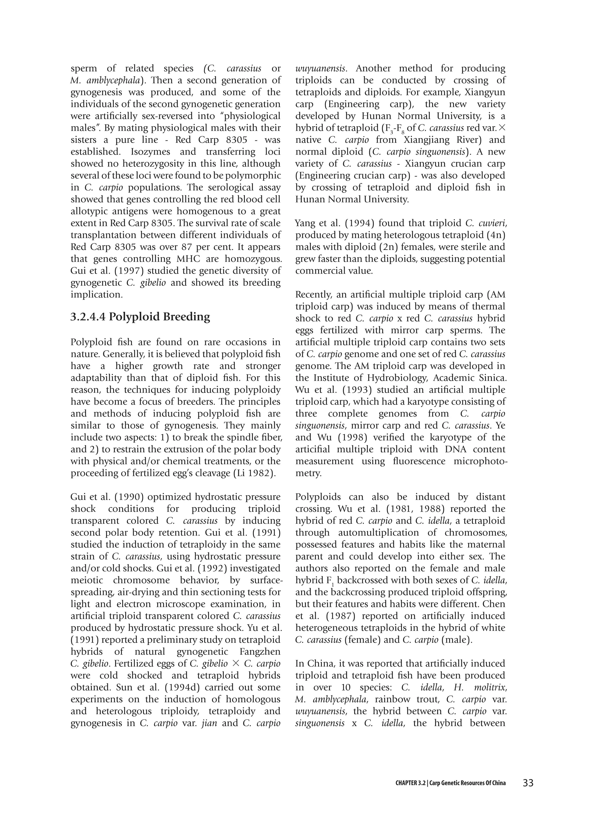 sperm of related species (C. carassius or
M. amblycephala). Then a second generation of
gynogenesis was produced, and some of the
individuals of the second gynogenetic generation
were artificially sex-reversed into “physiological
males”. By mating physiological males with their
sisters a pure line - Red Carp 8305 - was
established. Isozymes and transferring loci
showed no heterozygosity in this line, although
several of these loci were found to be polymorphic
in C. carpio populations. The serological assay
showed that genes controlling the red blood cell
allotypic antigens were homogenous to a great
extent in Red Carp 8305. The survival rate of scale
transplantation between different individuals of
Red Carp 8305 was over 87 per cent. It appears
that genes controlling MHC are homozygous.
Gui et al. (1997) studied the genetic diversity of
gynogenetic C. gibelio and showed its breeding
implication.

3.2.4.4 Polyploid Breeding
Polyploid fish are found on rare occasions in
nature. Generally, it is believed that polyploid fish
have a higher growth rate and stronger
adaptability than that of diploid fish. For this
reason, the techniques for inducing polyploidy
have become a focus of breeders. The principles
and methods of inducing polyploid fish are
similar to those of gynogenesis. They mainly
include two aspects: 1) to break the spindle fiber,
and 2) to restrain the extrusion of the polar body
with physical and/or chemical treatments, or the
proceeding of fertilized egg’s cleavage (Li 1982).
Gui et al. (1990) optimized hydrostatic pressure
shock conditions for producing triploid
transparent colored C. carassius by inducing
second polar body retention. Gui et al. (1991)
studied the induction of tetraploidy in the same
strain of C. carassius, using hydrostatic pressure
and/or cold shocks. Gui et al. (1992) investigated
meiotic chromosome behavior, by surfacespreading, air-drying and thin sectioning tests for
light and electron microscope examination, in
artificial triploid transparent colored C. carassius
produced by hydrostatic pressure shock. Yu et al.
(1991) reported a preliminary study on tetraploid
hybrids of natural gynogenetic Fangzhen
C. gibelio. Fertilized eggs of C. gibelio × C. carpio
were cold shocked and tetraploid hybrids
obtained. Sun et al. (1994d) carried out some
experiments on the induction of homologous
and heterologous triploidy, tetraploidy and
gynogenesis in C. carpio var. jian and C. carpio

wuyuanensis. Another method for producing
triploids can be conducted by crossing of
tetraploids and diploids. For example, Xiangyun
carp (Engineering carp), the new variety
developed by Hunan Normal University, is a
hybrid of tetraploid (F3-F8 of C. carassius red var.×
native C. carpio from Xiangjiang River) and
normal diploid (C. carpio singuonensis). A new
variety of C. carassius - Xiangyun crucian carp
(Engineering crucian carp) - was also developed
by crossing of tetraploid and diploid fish in
Hunan Normal University.
Yang et al. (1994) found that triploid C. cuvieri,
produced by mating heterologous tetraploid (4n)
males with diploid (2n) females, were sterile and
grew faster than the diploids, suggesting potential
commercial value.
Recently, an artificial multiple triploid carp (AM
triploid carp) was induced by means of thermal
shock to red C. carpio x red C. carassius hybrid
eggs fertilized with mirror carp sperms. The
artificial multiple triploid carp contains two sets
of C. carpio genome and one set of red C. carassius
genome. The AM triploid carp was developed in
the Institute of Hydrobiology, Academic Sinica.
Wu et al. (1993) studied an artificial multiple
triploid carp, which had a karyotype consisting of
three complete genomes from C. carpio
singuonensis, mirror carp and red C. carassius. Ye
and Wu (1998) verified the karyotype of the
articifial multiple triploid with DNA content
measurement using fluorescence microphotometry.
Polyploids can also be induced by distant
crossing. Wu et al. (1981, 1988) reported the
hybrid of red C. carpio and C. idella, a tetraploid
through automultiplication of chromosomes,
possessed features and habits like the maternal
parent and could develop into either sex. The
authors also reported on the female and male
hybrid F1 backcrossed with both sexes of C. idella,
and the backcrossing produced triploid offspring,
but their features and habits were different. Chen
et al. (1987) reported on artificially induced
heterogeneous tetraploids in the hybrid of white
C. carassius (female) and C. carpio (male).
In China, it was reported that artificially induced
triploid and tetraploid fish have been produced
in over 10 species: C. idella, H. molitrix,
M. amblycephala, rainbow trout, C. carpio var.
wuyuanensis, the hybrid between C. carpio var.
singuonensis x C. idella, the hybrid between

CHAPTER 3.2 | Carp Genetic Resources Of China

33

 