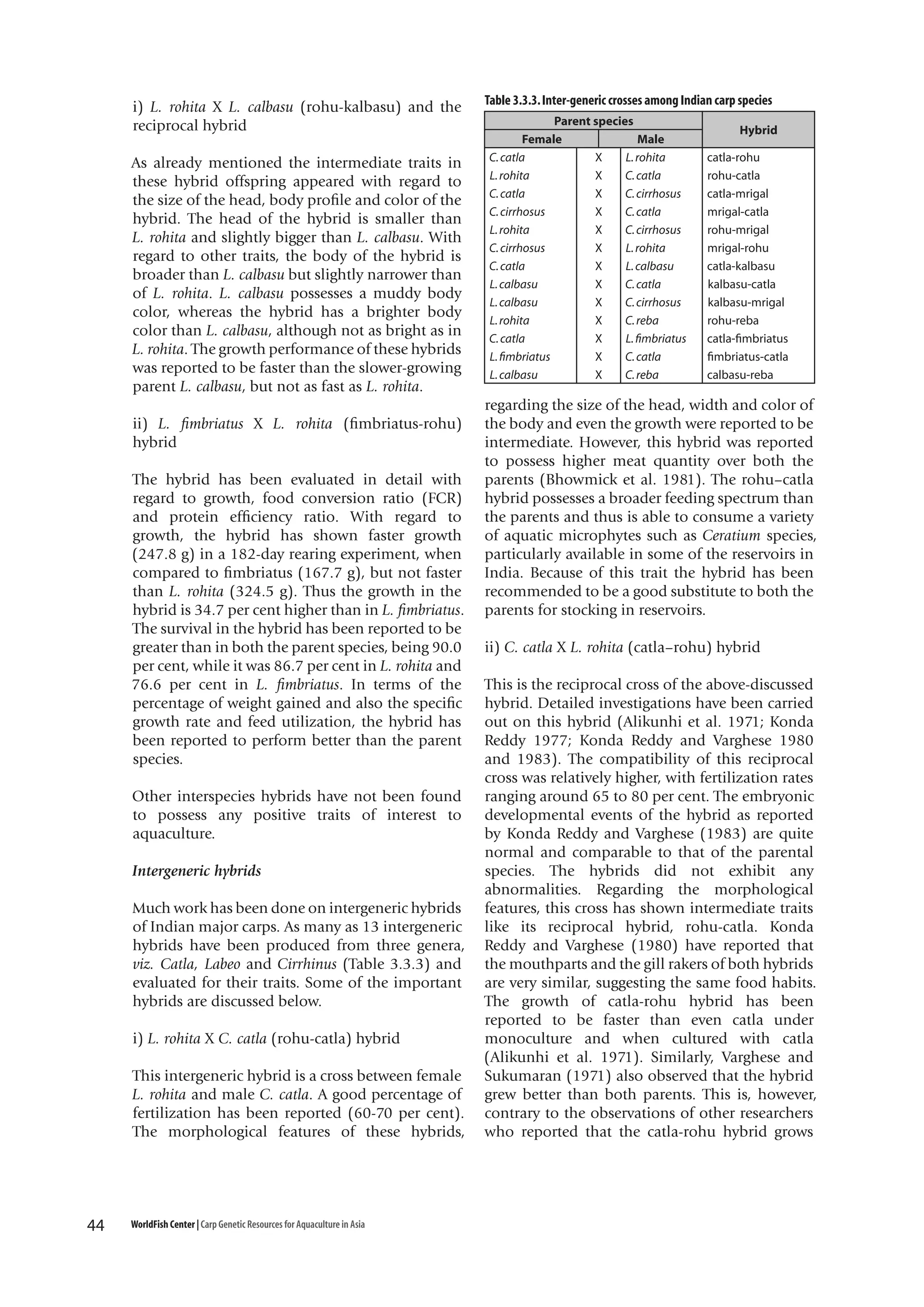i) L. rohita X L. calbasu (rohu-kalbasu) and the
reciprocal hybrid
As already mentioned the intermediate traits in
these hybrid offspring appeared with regard to
the size of the head, body profile and color of the
hybrid. The head of the hybrid is smaller than
L. rohita and slightly bigger than L. calbasu. With
regard to other traits, the body of the hybrid is
broader than L. calbasu but slightly narrower than
of L. rohita. L. calbasu possesses a muddy body
color, whereas the hybrid has a brighter body
color than L. calbasu, although not as bright as in
L. rohita. The growth performance of these hybrids
was reported to be faster than the slower-growing
parent L. calbasu, but not as fast as L. rohita.
ii) L. fimbriatus X L. rohita (fimbriatus-rohu)
hybrid
The hybrid has been evaluated in detail with
regard to growth, food conversion ratio (FCR)
and protein efficiency ratio. With regard to
growth, the hybrid has shown faster growth
(247.8 g) in a 182-day rearing experiment, when
compared to fimbriatus (167.7 g), but not faster
than L. rohita (324.5 g). Thus the growth in the
hybrid is 34.7 per cent higher than in L. fimbriatus.
The survival in the hybrid has been reported to be
greater than in both the parent species, being 90.0
per cent, while it was 86.7 per cent in L. rohita and
76.6 per cent in L. fimbriatus. In terms of the
percentage of weight gained and also the specific
growth rate and feed utilization, the hybrid has
been reported to perform better than the parent
species.
Other interspecies hybrids have not been found
to possess any positive traits of interest to
aquaculture.
Intergeneric hybrids
Much work has been done on intergeneric hybrids
of Indian major carps. As many as 13 intergeneric
hybrids have been produced from three genera,
viz. Catla, Labeo and Cirrhinus (Table 3.3.3) and
evaluated for their traits. Some of the important
hybrids are discussed below.
i) L. rohita X C. catla (rohu-catla) hybrid
This intergeneric hybrid is a cross between female
L. rohita and male C. catla. A good percentage of
fertilization has been reported (60-70 per cent).
The morphological features of these hybrids,

44

WorldFish Center | Carp Genetic Resources for Aquaculture in Asia

Table 3.3.3. Inter-generic crosses among Indian carp species
Parent species
Female
Male
C. catla
X
L. rohita
L. rohita
X
C. catla
C. catla
X
C. cirrhosus
C. cirrhosus
X
C. catla
L. rohita
X
C. cirrhosus
C. cirrhosus
X
L. rohita
C. catla
X
L. calbasu
L. calbasu
X
C. catla
L. calbasu
X
C. cirrhosus
L. rohita
X
C. reba
C. catla
X
L. fimbriatus
L. fimbriatus
X
C. catla
L. calbasu
X
C. reba

Hybrid
catla-rohu
rohu-catla
catla-mrigal
mrigal-catla
rohu-mrigal
mrigal-rohu
catla-kalbasu
kalbasu-catla
kalbasu-mrigal
rohu-reba
catla-fimbriatus
fimbriatus-catla
calbasu-reba

regarding the size of the head, width and color of
the body and even the growth were reported to be
intermediate. However, this hybrid was reported
to possess higher meat quantity over both the
parents (Bhowmick et al. 1981). The rohu–catla
hybrid possesses a broader feeding spectrum than
the parents and thus is able to consume a variety
of aquatic microphytes such as Ceratium species,
particularly available in some of the reservoirs in
India. Because of this trait the hybrid has been
recommended to be a good substitute to both the
parents for stocking in reservoirs.
ii) C. catla X L. rohita (catla–rohu) hybrid
This is the reciprocal cross of the above-discussed
hybrid. Detailed investigations have been carried
out on this hybrid (Alikunhi et al. 1971; Konda
Reddy 1977; Konda Reddy and Varghese 1980
and 1983). The compatibility of this reciprocal
cross was relatively higher, with fertilization rates
ranging around 65 to 80 per cent. The embryonic
developmental events of the hybrid as reported
by Konda Reddy and Varghese (1983) are quite
normal and comparable to that of the parental
species. The hybrids did not exhibit any
abnormalities. Regarding the morphological
features, this cross has shown intermediate traits
like its reciprocal hybrid, rohu-catla. Konda
Reddy and Varghese (1980) have reported that
the mouthparts and the gill rakers of both hybrids
are very similar, suggesting the same food habits.
The growth of catla-rohu hybrid has been
reported to be faster than even catla under
monoculture and when cultured with catla
(Alikunhi et al. 1971). Similarly, Varghese and
Sukumaran (1971) also observed that the hybrid
grew better than both parents. This is, however,
contrary to the observations of other researchers
who reported that the catla-rohu hybrid grows

 