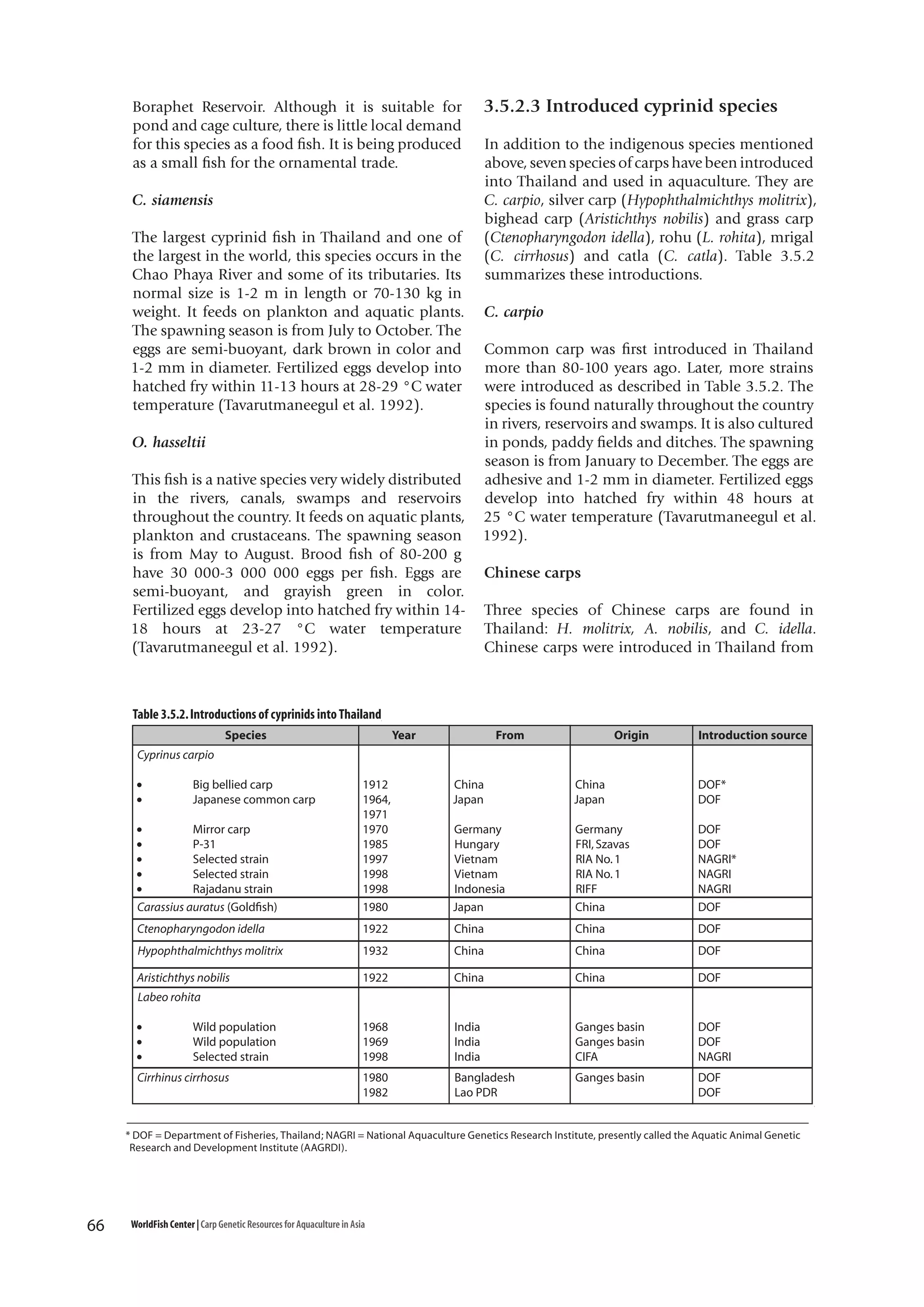 Boraphet Reservoir. Although it is suitable for
pond and cage culture, there is little local demand
for this species as a food fish. It is being produced
as a small fish for the ornamental trade.
C. siamensis
The largest cyprinid fish in Thailand and one of
the largest in the world, this species occurs in the
Chao Phaya River and some of its tributaries. Its
normal size is 1-2 m in length or 70-130 kg in
weight. It feeds on plankton and aquatic plants.
The spawning season is from July to October. The
eggs are semi-buoyant, dark brown in color and
1-2 mm in diameter. Fertilized eggs develop into
hatched fry within 11-13 hours at 28-29 °C water
temperature (Tavarutmaneegul et al. 1992).
O. hasseltii
This fish is a native species very widely distributed
in the rivers, canals, swamps and reservoirs
throughout the country. It feeds on aquatic plants,
plankton and crustaceans. The spawning season
is from May to August. Brood fish of 80-200 g
have 30 000-3 000 000 eggs per fish. Eggs are
semi-buoyant, and grayish green in color.
Fertilized eggs develop into hatched fry within 1418 hours at 23-27 °C water temperature
(Tavarutmaneegul et al. 1992).

3.5.2.3 Introduced cyprinid species
In addition to the indigenous species mentioned
above, seven species of carps have been introduced
into Thailand and used in aquaculture. They are
C. carpio, silver carp (Hypophthalmichthys molitrix),
bighead carp (Aristichthys nobilis) and grass carp
(Ctenopharyngodon idella), rohu (L. rohita), mrigal
(C. cirrhosus) and catla (C. catla). Table 3.5.2
summarizes these introductions.
C. carpio
Common carp was first introduced in Thailand
more than 80-100 years ago. Later, more strains
were introduced as described in Table 3.5.2. The
species is found naturally throughout the country
in rivers, reservoirs and swamps. It is also cultured
in ponds, paddy fields and ditches. The spawning
season is from January to December. The eggs are
adhesive and 1-2 mm in diameter. Fertilized eggs
develop into hatched fry within 48 hours at
25 °C water temperature (Tavarutmaneegul et al.
1992).
Chinese carps
Three species of Chinese carps are found in
Thailand: H. molitrix, A. nobilis, and C. idella.
Chinese carps were introduced in Thailand from

Table 3.5.2. Introductions of cyprinids into Thailand
Species

Year

From

Origin

Introduction source

Cyprinus carpio
•
•

Big bellied carp
Japanese common carp

China
Japan

China
Japan

DOF*
DOF

•
Mirror carp
•
P-31
•
Selected strain
•
Selected strain
•
Rajadanu strain
Carassius auratus (Goldfish)

1912
1964,
1971
1970
1985
1997
1998
1998
1980

Germany
Hungary
Vietnam
Vietnam
Indonesia
Japan

Germany
FRI, Szavas
RIA No. 1
RIA No. 1
RIFF
China

DOF
DOF
NAGRI*
NAGRI
NAGRI
DOF

Ctenopharyngodon idella

1922

China

China

DOF

Hypophthalmichthys molitrix

1932

China

China

DOF

Aristichthys nobilis

1922

China

China

DOF

1968
1969
1998

India
India
India

Ganges basin
Ganges basin
CIFA

DOF
DOF
NAGRI

1980
1982

Bangladesh
Lao PDR

Ganges basin

DOF
DOF

Labeo rohita
•
•
•

Wild population
Wild population
Selected strain

Cirrhinus cirrhosus

* DOF = Department of Fisheries, Thailand; NAGRI = National Aquaculture Genetics Research Institute, presently called the Aquatic Animal Genetic
Research and Development Institute (AAGRDI).

66

WorldFish Center | Carp Genetic Resources for Aquaculture in Asia

 