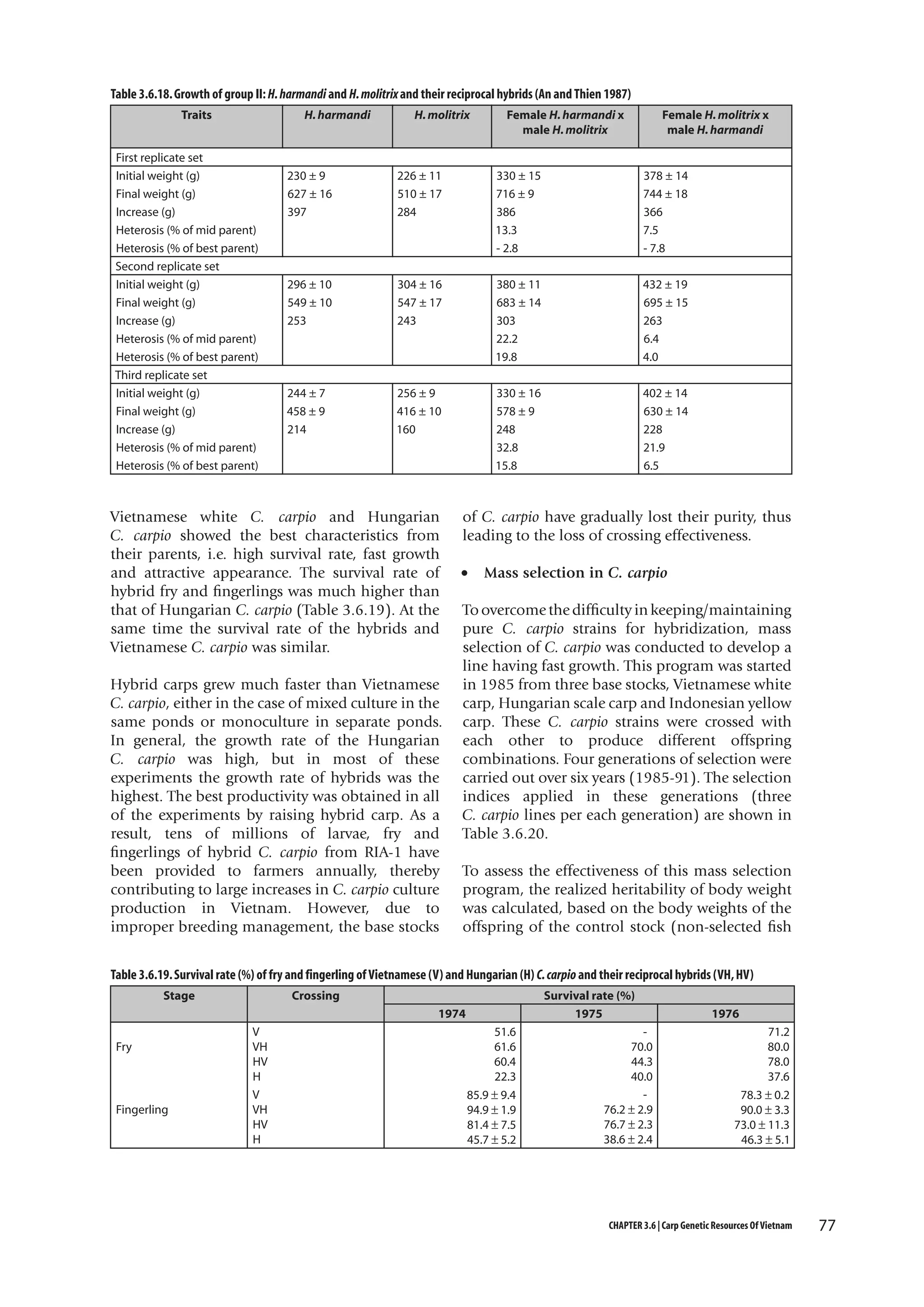 Table 3.6.18. Growth of group II: H. harmandi and H. molitrix and their reciprocal hybrids (An and Thien 1987)
H. harmandi

Traits
First replicate set
Initial weight (g)
Final weight (g)
Increase (g)
Heterosis (% of mid parent)
Heterosis (% of best parent)
Second replicate set
Initial weight (g)
Final weight (g)
Increase (g)
Heterosis (% of mid parent)
Heterosis (% of best parent)
Third replicate set
Initial weight (g)
Final weight (g)
Increase (g)
Heterosis (% of mid parent)
Heterosis (% of best parent)

H. molitrix

Female H. harmandi x
male H. molitrix

Female H. molitrix x
male H. harmandi

230 ± 9
627 ± 16
397

226 ± 11
510 ± 17
284

330 ± 15
716 ± 9
386
13.3
- 2.8

378 ± 14
744 ± 18
366
7.5
- 7.8

296 ± 10
549 ± 10
253

304 ± 16
547 ± 17
243

380 ± 11
683 ± 14
303
22.2
19.8

432 ± 19
695 ± 15
263
6.4
4.0

244 ± 7
458 ± 9
214

256 ± 9
416 ± 10
160

330 ± 16
578 ± 9
248
32.8
15.8

402 ± 14
630 ± 14
228
21.9
6.5

Vietnamese white C. carpio and Hungarian
C. carpio showed the best characteristics from
their parents, i.e. high survival rate, fast growth
and attractive appearance. The survival rate of
hybrid fry and fingerlings was much higher than
that of Hungarian C. carpio (Table 3.6.19). At the
same time the survival rate of the hybrids and
Vietnamese C. carpio was similar.
Hybrid carps grew much faster than Vietnamese
C. carpio, either in the case of mixed culture in the
same ponds or monoculture in separate ponds.
In general, the growth rate of the Hungarian
C. carpio was high, but in most of these
experiments the growth rate of hybrids was the
highest. The best productivity was obtained in all
of the experiments by raising hybrid carp. As a
result, tens of millions of larvae, fry and
fingerlings of hybrid C. carpio from RIA-1 have
been provided to farmers annually, thereby
contributing to large increases in C. carpio culture
production in Vietnam. However, due to
improper breeding management, the base stocks

of C. carpio have gradually lost their purity, thus
leading to the loss of crossing effectiveness.
•

Mass selection in C. carpio

To overcome the difficulty in keeping/maintaining
pure C. carpio strains for hybridization, mass
selection of C. carpio was conducted to develop a
line having fast growth. This program was started
in 1985 from three base stocks, Vietnamese white
carp, Hungarian scale carp and Indonesian yellow
carp. These C. carpio strains were crossed with
each other to produce different offspring
combinations. Four generations of selection were
carried out over six years (1985-91). The selection
indices applied in these generations (three
C. carpio lines per each generation) are shown in
Table 3.6.20.
To assess the effectiveness of this mass selection
program, the realized heritability of body weight
was calculated, based on the body weights of the
offspring of the control stock (non-selected fish

Table 3.6.19. Survival rate (%) of fry and fingerling of Vietnamese (V) and Hungarian (H) C. carpio and their reciprocal hybrids (VH, HV)
Stage

Crossing

Survival rate (%)
1975

1974
Fry

Fingerling

V
VH
HV
H
V
VH
HV
H

51.6
61.6
60.4
22.3
85.9 ± 9.4
94.9 ± 1.9
81.4 ± 7.5
45.7 ± 5.2

70.0
44.3
40.0
76.2 ± 2.9
76.7 ± 2.3
38.6 ± 2.4

1976
71.2
80.0
78.0
37.6
78.3 ± 0.2
90.0 ± 3.3
73.0 ± 11.3
46.3 ± 5.1

CHAPTER 3.6 | Carp Genetic Resources Of Vietnam

77

 