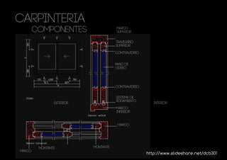 CARPINTERIA
        COMPONENTES                   MARCO
                                      SUPERIOR

                                      TRAVESAÑO
                                      SUPERIOR

                                      CONTRAVIDRIO


                                      PAÑO DE
                                      VIDRIO




                                      CONTRAVIDRIO


                                      SISTEMA DE
                                      RODAMIENTO
                exterior                                interior
                                      MARCO
                                      INFERIOR


                                       MARCO




         MONTANTE          MONTANTE
MARCO
                                                     http://www.slideshare.net/dcb301
 