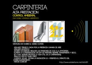 Carpinteria
ALTA PRESTACION
Control ambiental
DVH doble vidriado hermético




VENTAJAS DVH SOBRE EL VIDRIO COMÚN

 Aislante térmico. dada por la presencia CAMARA DE AIRE
 Aislante acústico.
 Ahorro de energía. reducir las emisiones de CO2 a la atmósfera
 Elimina la condensación. Un DVH se mantiene siempre transparente y seco,
 (lo cual además protege la vida útil de la carpintería).
 Anula el efecto "muro frío".
 Control solar. filtrar la radiación UV - minimiza el impacto del
sobrecalentamiento.
 Mayor confort                                        http://www.slideshare.net/dcb301
 