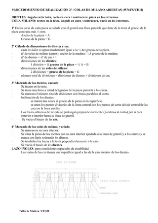 Taller de Madera / CFGM
PROCEDIMIENTO DE REALIZACIÓN 2º / COLAS DE MILANO ABIERTAS (WN/FS/CHH)
DIENTES: ángulo en la testa, recto en cara / contracara, pieza en los extremos.
COLA MILANO: rectos en la testa, ángulo en cara / contracara, vacío en los extremos.
1º En las caras de cada pieza se señala con el gramil una línea paralela que diste de la testa el grueso de la
pieza contraria más ½ mm.
· Ancho de la pieza = A
· Grueso de la pieza = G
2º Cálculo de dimensiones de dientes y cm.
· cada división es aproximadamente igual a la ½ del grueso de la pieza.
· nº de colas de milano (aprox): ancho de la madera / 1,5 grueso de la madera
· nº de dientes = nº de cm + 1
· dimensiones de los dientes:
1 división = ½ grueso de la pieza = ½ A = B
· dimensiones de las colas de milano:
2 divisiones = grueso de la pieza = G
· número total de divisiones = divisiones de dientes + divisiones de cm.
3º Marcado de los dientes, vaciado
· Se trazan en la testa.
· Se traza una línea a mitad del grueso de la pieza paralela a las caras.
· Se marcan el número total de divisiones con líneas paralelas al canto.
· Inclinación de los dientes:
se marca dos veces el grueso de la pieza en la superficie.
se unen los puntos divisorios de la línea central con los puntos de corte del eje central de las
cm con la línea auxiliar.
· Los trazos oblicuos de la testa se prolongan perpendicularmente (paralelos al canto) por la cara
exterior e interior hasta la línea de gramil.
· Se vacía el hueco de las cm.
4º Marcado de las colas de milano, vaciado
· Se marcan en su cara interior.
· Se sitúa la pieza de los dientes con su cara interior ajustada a la linea de gramil y a los cantos y se
marca con lápiz rodeando los dientes.
· Se trasladan las lineas a la testa perpendicularmente a la cara.
· Se vacía el hueco de los dientes.
LAZO INGLES: para condiciones especiales de estabilidad.
Las testas de las cm tienen una superficie igual a las de la cara interior de los dientes.
 