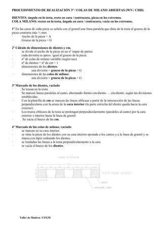 Taller de Madera / CFGM
PROCEDIMIENTO DE REALIZACIÓN 3º / COLAS DE MILANO ABIERTAS (WN / CHH)
DIENTES: ángulo en la testa, recto en cara / contracara, pieza en los extremos.
COLA MILANO: rectos en la testa, ángulo en cara / contracara, vacío en los extremos.
1º En las caras de cada pieza se señala con el gramil una linea paralela que diste de la testa el grueso de la
pieza contraria más ½ mm.
· Ancho de la pieza = A
· Grueso de la pieza = G
2º Cálculo de dimensiones de dientes y cm.
· se divide el ancho de la pieza en un nº impar de partes.
· cada división es aprox. igual al grueso de la pieza.
· nº de colas de milano variable (según uso)
· nº de dientes = nº de cm + 1
· dimensiones de los dientes:
una división = grueso de la pieza = G
· dimensiones de las colas de milano:
una división = grueso de la pieza = G
3º Marcado de los dientes, vaciado
· Se trazan en la testa.
· Se marcan lineas paralelas al canto, alternando diente-cm-diente- ... cm-diente, según las divisiones
establecidas.
· Con la plantilla de cm se marcan las lineas oblicuas a partir de la intersección de las lineas
perpendiculares con la arista de la cara interior (la parte estrecha del diente queda hacia la cara
exterior)
· Los trazos oblicuos de la testa se prolongan perpendicularmente (paralelos al canto) por la cara
exterior e interior hasta la linea de gramil
· Se vacía el hueco de las cm.
4º Marcado de las colas de milano, vaciado
· se marcan en su cara interior.
· se sitúa la pieza de los dientes con su cara interior ajustada a los cantos y a la linea de gramil y se
marca con lápiz rodeando los dientes.
· se trasladan las lineas a la testa perpendicularmente a la cara.
· se vacía el hueco de los dientes.
 