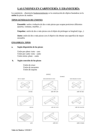 Taller de Madera / CFGM 1º
LAS UNIONES EN CARPINTERÍA Y EBANISTERÍA
La carpintería – ebanistería fundamentalmente es la construcción de objetos basándose en la
unión de piezas de madera
TIPOS GENERALES DE UNIONES
Ensamble: unión o trabazón de dos o más piezas que ocupan posiciones diferentes
(puertas, ventanas, muebles...)
Empalme: unión de dos o más piezas con el objeto de prolongar su longitud (viga...)
Junta: unión de dos o más piezas con el objetivo de obtener una superficie de mayor
escuadría
ENSAMBLES: TIPOS
a. Según disposición de las piezas
Unión por plano: testa – cara
Unión por canto: testa – canto
Unión mixta: plano – canto
b. Según conexión de las piezas
Unión de cruce
Unión de encuentro
Unión de esquina
 