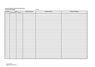 HOJA DE CONTROL: PROCESO DE PRODUCCIÓN
PROYECTO DE TRABAJO: Alumno:
Día / Mes Máquinas utilizadas Actividad en Banco Actividad en Máquinas
Mano de Obra Máquinas
Horas
Taller de Madera
Profesor: Fco. Javier Castrillo
Taller de Madera
Profesor: Fco. Javier Castrillo
 