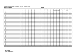HOJA DE CONTROL DE MATERIALES: DESPIECE - VOLUMEN - SUPERFICIE - COSTE
PROYECTO DE TRABAJO: ALUMNO:
Volumen Superficie PRECIO COSTE
Nº DENOMINACIÓN UDS. Largo Ancho Grueso Espigas Material mm3
mm
2
m
3
m
2
m
3
m
2
m
3
m
2
IVA incl
30% 15% m3
/ m2
1
2
3
4
5
6
7
8
9
10
11
12
13
14
15
16
17
18
19
20
21
22
23
24
Total Neto TOTAL BRUTODesperdicio
Taller de Madera
Profesor: Fco. Javier Castrillo
24
25
26
27
28
29
30
31
32
33
34
35
36
37
38
39
40
41
42
43
TOTALES
Taller de Madera
Profesor: Fco. Javier Castrillo
 