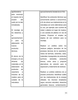 101 
agroforestería para minimizar el impacto de la erosión del suelo por la tala inmoderada. 
El reciclaje de los desechos y su aprovechamiento para la elaboración de nuevos productos técnicos. 
El ahorro de la energía y el uso eficiente de materiales en la elaboración de productos de carpintería e industria de la madera para el cuidado de la naturaleza. 
aprovechamiento forestal de la FAO. 
Identificar los productos técnicos que comúnmente usamos o consumimos, a fin de ubicar sus implicaciones en la naturaleza así como alternativas para su uso, por ejemplo usar cuchara de metal o plástico en lugar de madera, o una canasta de plástico en vez de madera. Proponer el empleo de objetos de uso cotidiano para su reciclaje. 
Realizar un análisis sobre los residuos peligros derivados de los procesos técnicos de la carpintería: restos de barnices, solventes, colas, materiales impregnados de productos químicos, aerosoles, productos tóxicos, entre otros y proponer alternativas de solución para la separación y tratamiento de residuos. 
Realizar un análisis sistémico de un proceso productivo. Identificar cuáles son las implicaciones de la energía utilizada, los recursos empleados (agua, recursos naturales), desechos generados (basura, contaminación),  