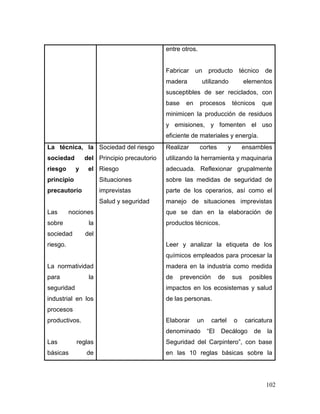 102 
entre otros. 
Fabricar un producto técnico de madera utilizando elementos susceptibles de ser reciclados, con base en procesos técnicos que minimicen la producción de residuos y emisiones, y fomenten el uso eficiente de materiales y energía. 
La técnica, la sociedad del riesgo y el principio precautorio 
Las nociones sobre la sociedad del riesgo. 
La normatividad para la seguridad industrial en los procesos productivos. 
Las reglas básicas de 
Sociedad del riesgo 
Principio precautorio 
Riesgo 
Situaciones imprevistas 
Salud y seguridad 
Realizar cortes y ensambles utilizando la herramienta y maquinaria adecuada. Reflexionar grupalmente sobre las medidas de seguridad de parte de los operarios, así como el manejo de situaciones imprevistas que se dan en la elaboración de productos técnicos. 
Leer y analizar la etiqueta de los químicos empleados para procesar la madera en la industria como medida de prevención de sus posibles impactos en los ecosistemas y salud de las personas. 
Elaborar un cartel o caricatura denominado “El Decálogo de la Seguridad del Carpintero”, con base en las 10 reglas básicas sobre la  