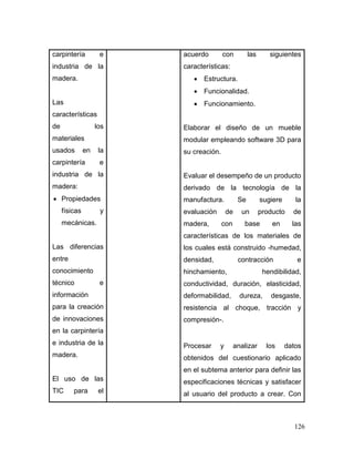 126 
carpintería e industria de la madera. 
Las características de los materiales usados en la carpintería e industria de la madera: 
 Propiedades físicas y mecánicas. 
Las diferencias entre conocimiento técnico e información para la creación de innovaciones en la carpintería e industria de la madera. 
El uso de las TIC para el 
acuerdo con las siguientes características: 
 Estructura. 
 Funcionalidad. 
 Funcionamiento. 
Elaborar el diseño de un mueble modular empleando software 3D para su creación. 
Evaluar el desempeño de un producto derivado de la tecnología de la manufactura. Se sugiere la evaluación de un producto de madera, con base en las características de los materiales de los cuales está construido -humedad, densidad, contracción e hinchamiento, hendibilidad, conductividad, duración, elasticidad, deformabilidad, dureza, desgaste, resistencia al choque, tracción y compresión-. 
Procesar y analizar los datos obtenidos del cuestionario aplicado en el subtema anterior para definir las especificaciones técnicas y satisfacer al usuario del producto a crear. Con  