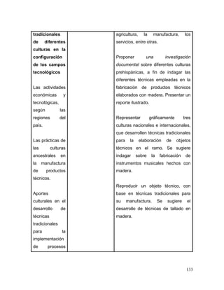 133 
tradicionales de diferentes culturas en la configuración de los campos tecnológicos 
Las actividades económicas y tecnológicas, según las regiones del país. 
Las prácticas de las culturas ancestrales en la manufactura de productos técnicos. 
Aportes culturales en el desarrollo de técnicas tradicionales para la implementación de procesos 
agricultura, la manufactura, los servicios, entre otras. 
Proponer una investigación documental sobre diferentes culturas prehispánicas, a fin de indagar las diferentes técnicas empleadas en la fabricación de productos técnicos elaborados con madera. Presentar un reporte ilustrado. 
Representar gráficamente tres culturas nacionales e internacionales, que desarrollen técnicas tradicionales para la elaboración de objetos técnicos en el ramo. Se sugiere indagar sobre la fabricación de instrumentos musicales hechos con madera. 
Reproducir un objeto técnico, con base en técnicas tradicionales para su manufactura. Se sugiere el desarrollo de técnicas de tallado en madera.  