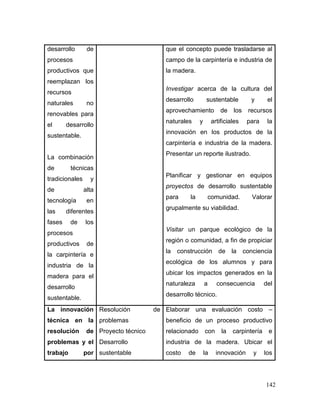 142 
desarrollo de procesos productivos que reemplazan los recursos naturales no renovables para el desarrollo sustentable. 
La combinación de técnicas tradicionales y de alta tecnología en las diferentes fases de los procesos productivos de la carpintería e industria de la madera para el desarrollo sustentable. 
que el concepto puede trasladarse al campo de la carpintería e industria de la madera. 
Investigar acerca de la cultura del desarrollo sustentable y el aprovechamiento de los recursos naturales y artificiales para la innovación en los productos de la carpintería e industria de la madera. Presentar un reporte ilustrado. 
Planificar y gestionar en equipos proyectos de desarrollo sustentable para la comunidad. Valorar grupalmente su viabilidad. 
Visitar un parque ecológico de la región o comunidad, a fin de propiciar la construcción de la conciencia ecológica de los alumnos y para ubicar los impactos generados en la naturaleza a consecuencia del desarrollo técnico. 
La innovación técnica en la resolución de problemas y el trabajo por 
Resolución de problemas 
Proyecto técnico 
Desarrollo sustentable 
Elaborar una evaluación costo – beneficio de un proceso productivo relacionado con la carpintería e industria de la madera. Ubicar el costo de la innovación y los  